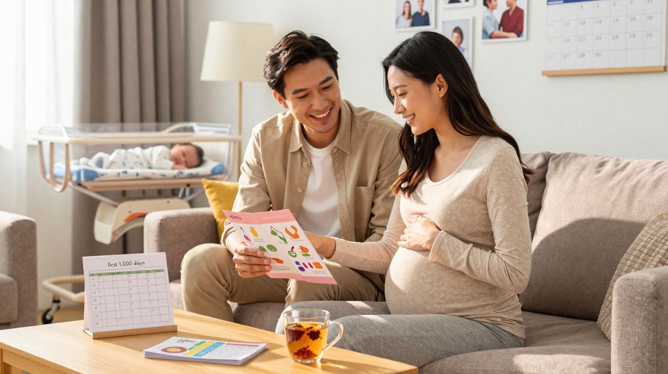 Casal asiático esperando bebê, casal sentado no sofá, mulher grávida segurando um cartão colorido.