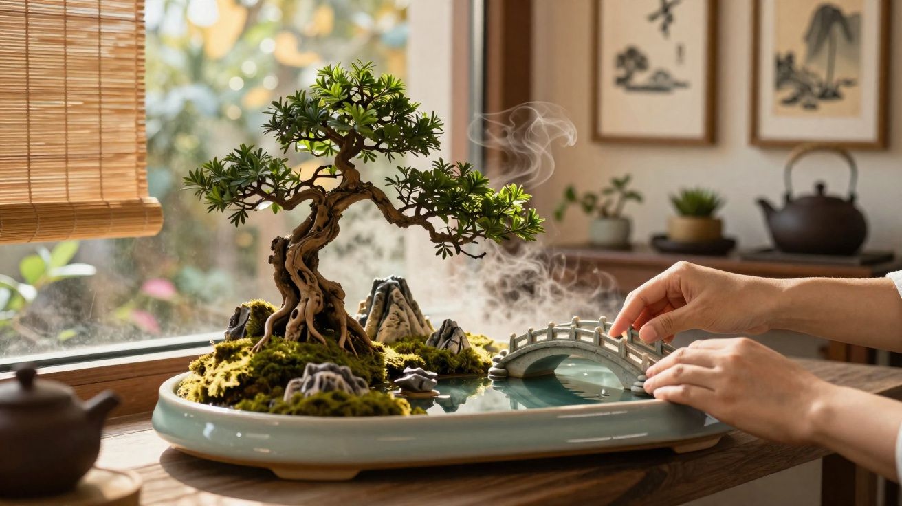 Mãos ajustando uma ponte em um jardim de bonsai com árvore, musgo e pequenas pedras decorativas.