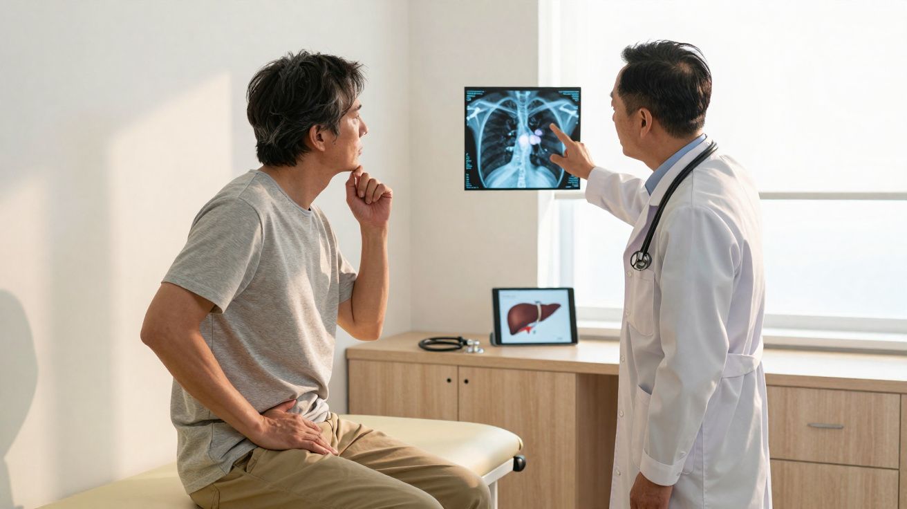 Médico mostrando radiografia de tórax para paciente sentado, em consultório bem iluminado.