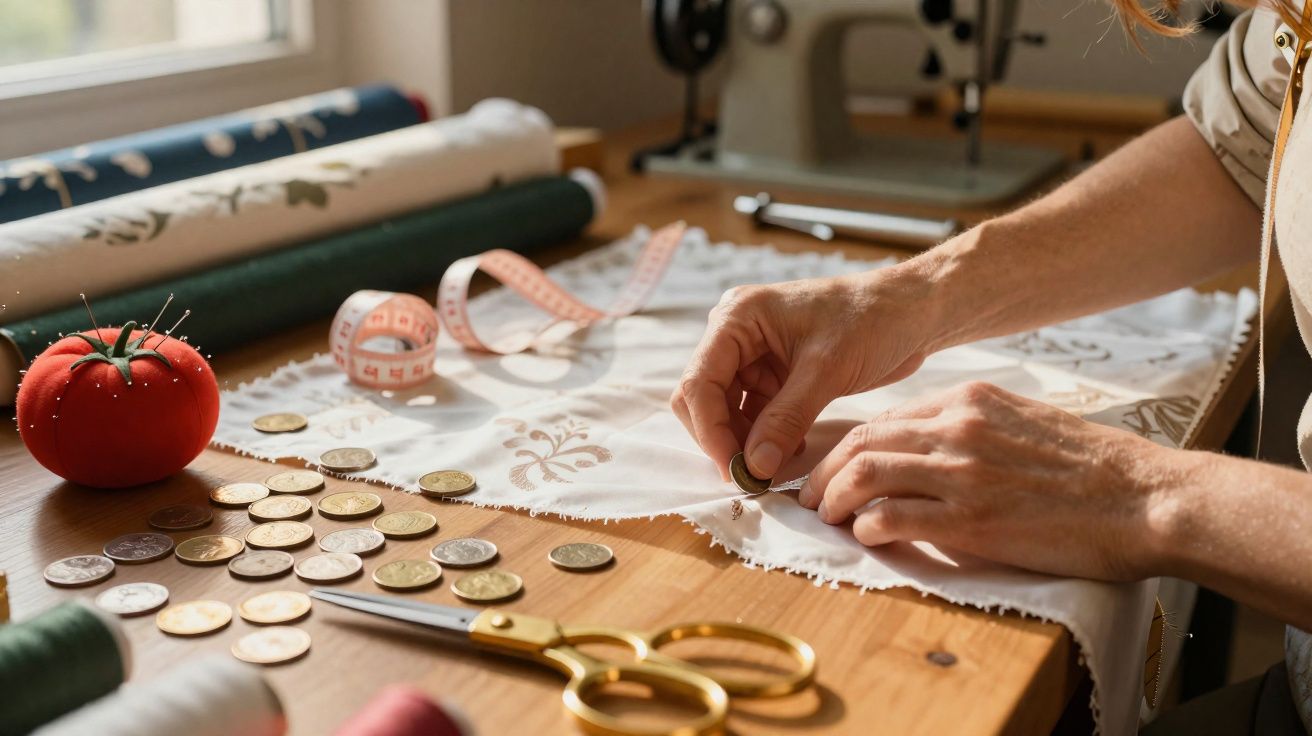 Pessoa segurando moeda para medir tecido sobre mesa com tesoura, moedas, fita métrica e alfinetes.