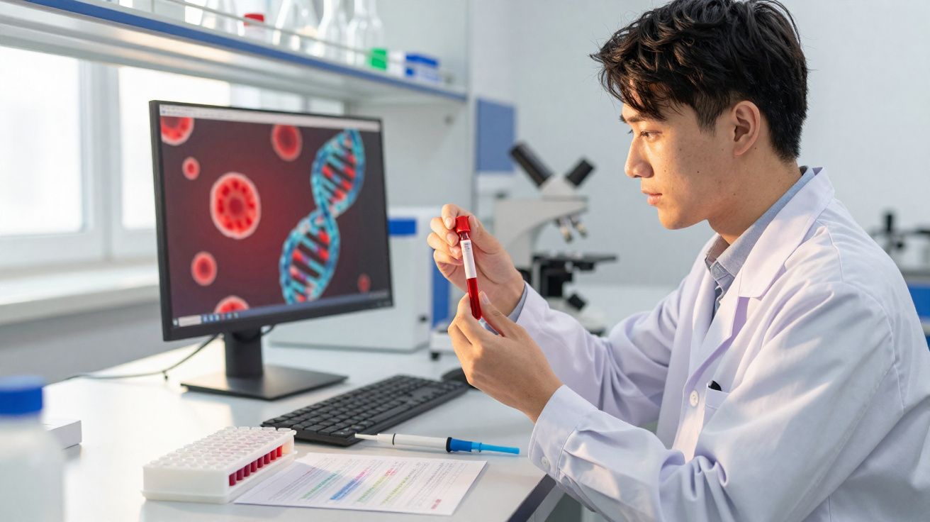 Cientista em laboratório analisando amostra de sangue com imagem de DNA e vírus em monitor ao fundo.