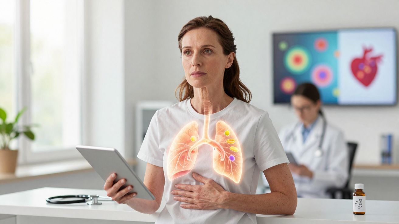 Mulher segurando tablet e tocando o peito com ilustração digital dos pulmões em consultório médico.