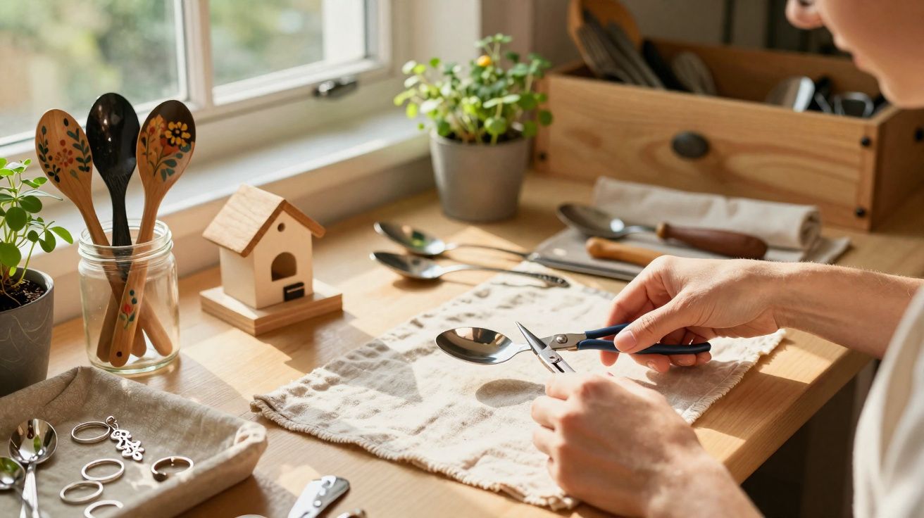Pessoa usando tesoura para cortar colher de metal em bancada com utensílios e plantas ao redor.