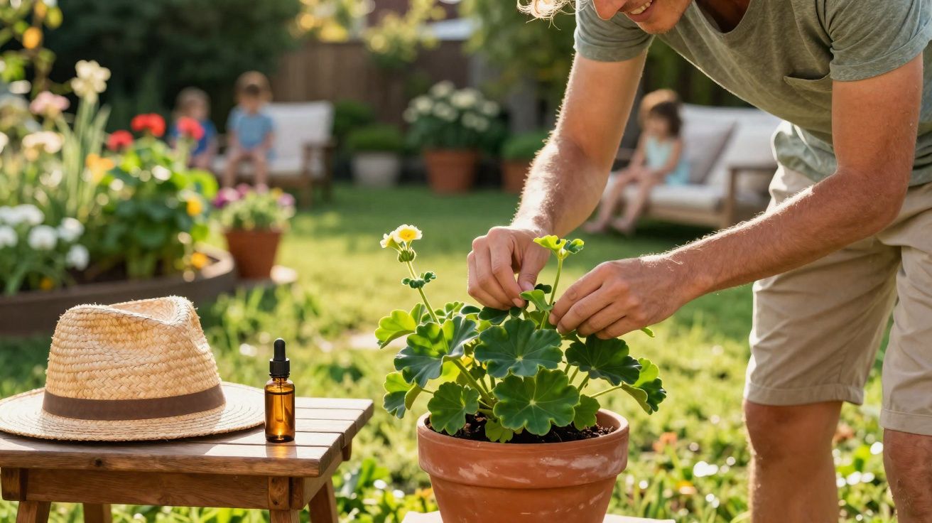 Homem cuidando de planta com flores amarelas em vaso no jardim ensolarado, chapéu e frasco numa mesa ao lado.
