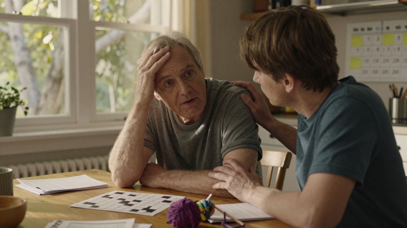 Dois homens conversando na cozinha, um deles aparenta estar preocupado ou pensativo.