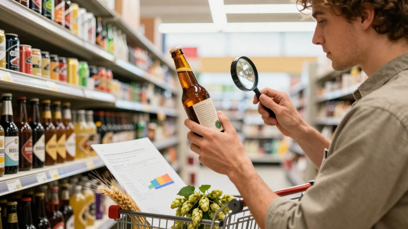 Pessoa usando lupa para ler rótulo de garrafa de cerveja no supermercado com carrinho cheio de ingredientes.