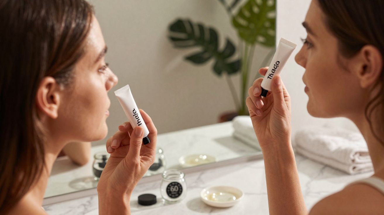 Mulher segurando creme facial Ti&Go em frente ao espelho em banheiro com plantas ao fundo.