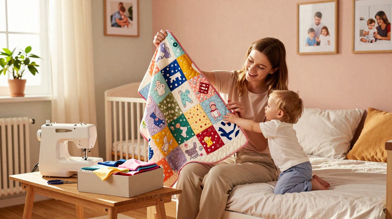 Mãe e filho pequeno sentados na cama mostrando um cobertor colorido feito à mão em quartos claros.