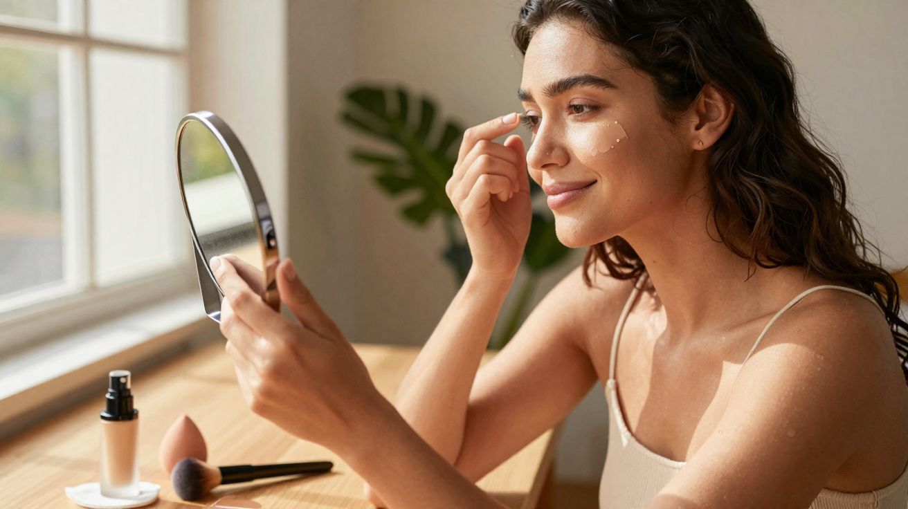 Mulher sorrindo aplicando creme no rosto enquanto se olha no espelho em uma mesa com itens de maquiagem.