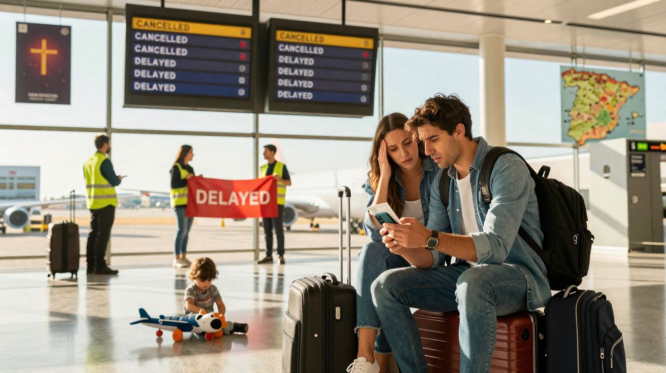 Casal preocupado verifica celular em aeroporto com voos cancelados e atrasados exibidos no painel.