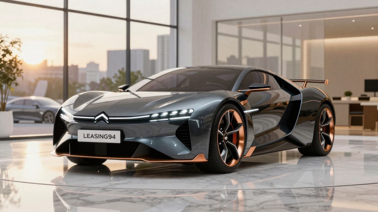 Carro esportivo elétrico Cinza metálico exibido em showroom moderno com janelas grandes ao fundo.