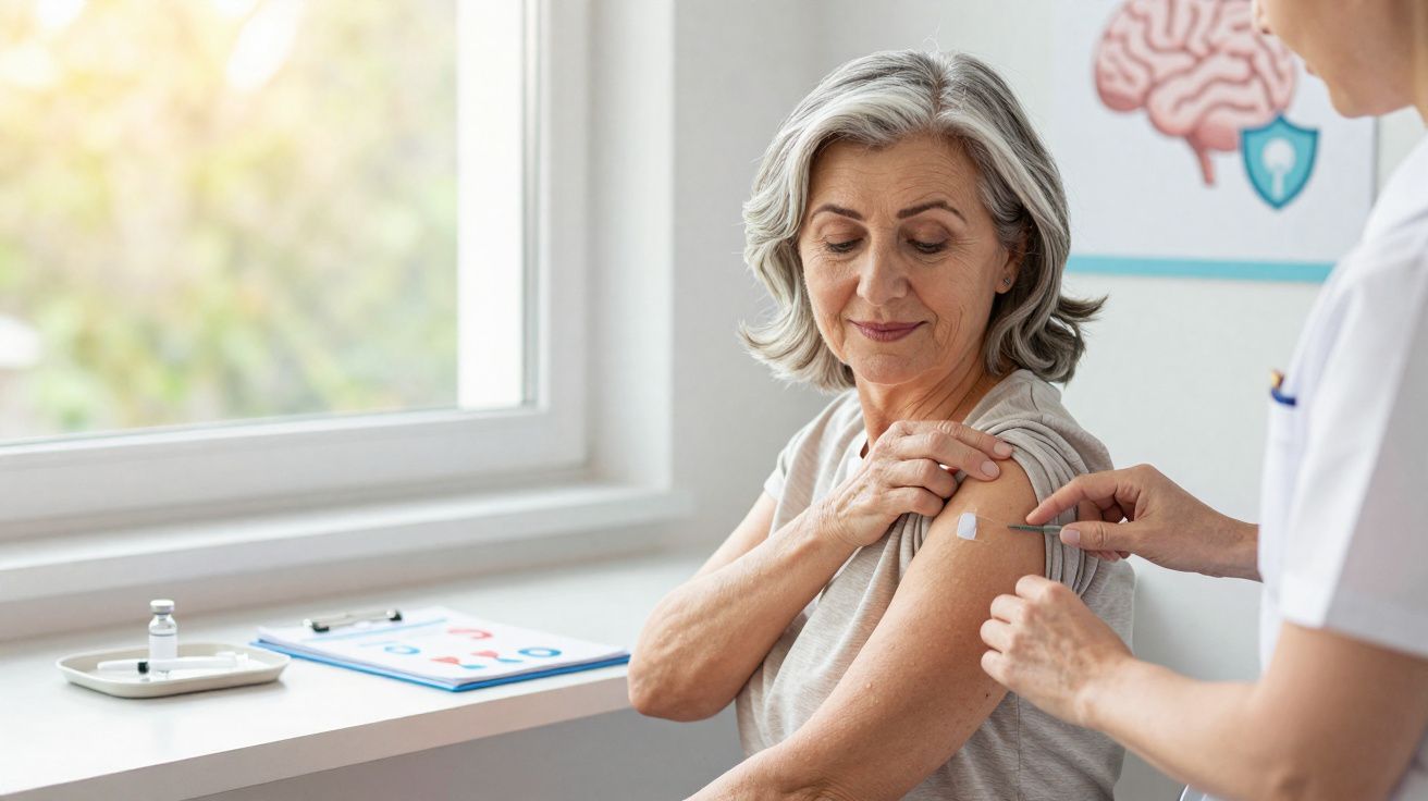 Mulher idosa recebendo vacina no braço aplicada por profissional de saúde em clínica iluminada.