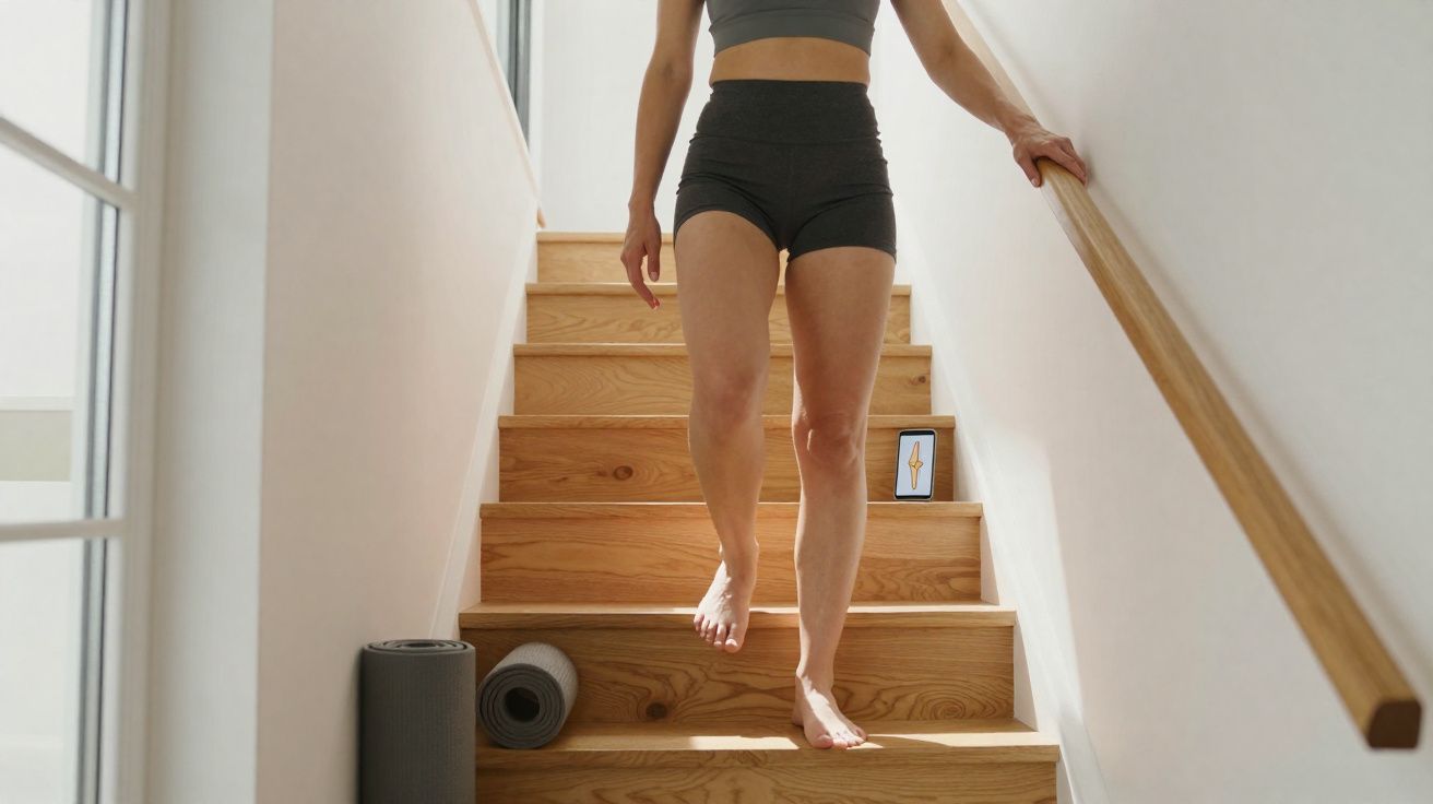 Pessoa descendo escada de madeira segurando corrimão, com tapetes de yoga ao lado dos degraus.