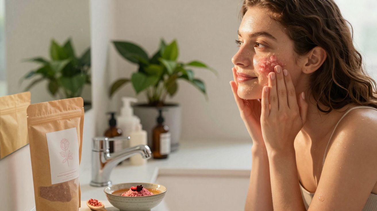 Mulher aplicando esfoliante facial em banheiro com plantas e produtos de skincare ao fundo.