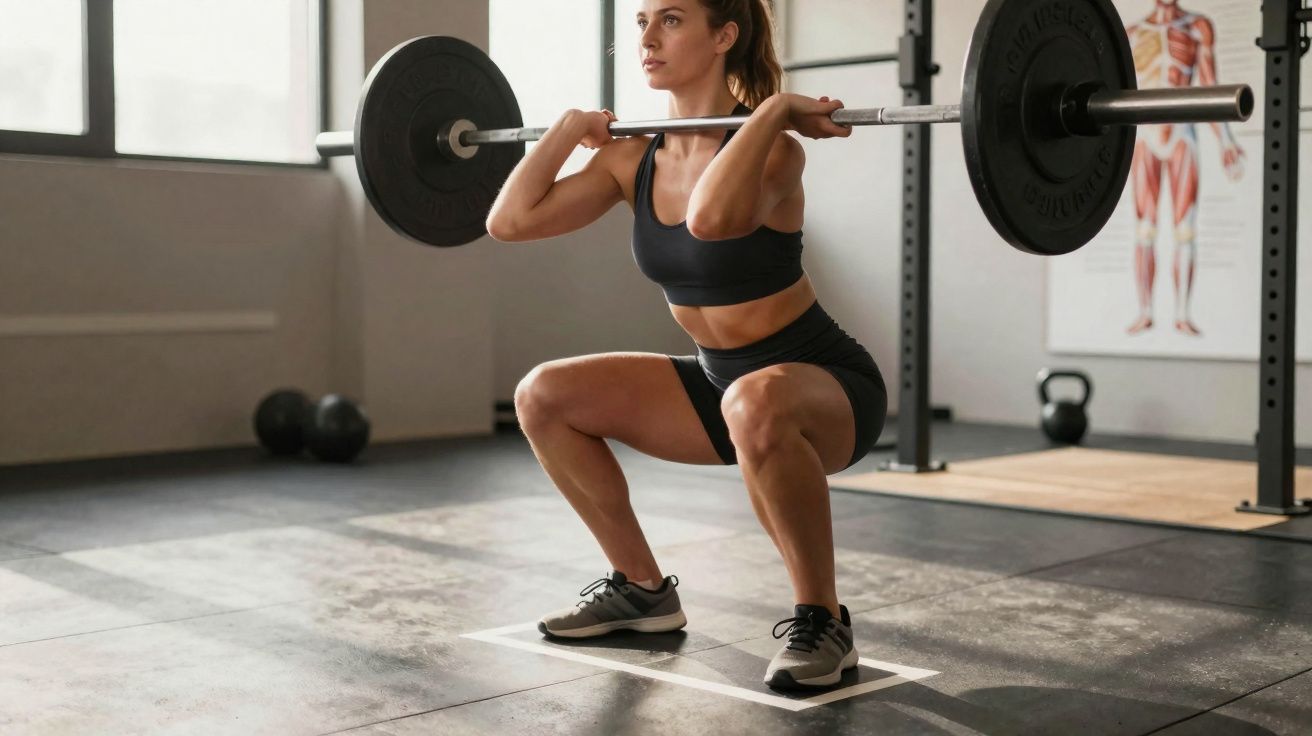 Mulher fazendo agachamento com barra em academia, usando roupa preta e tênis cinza.