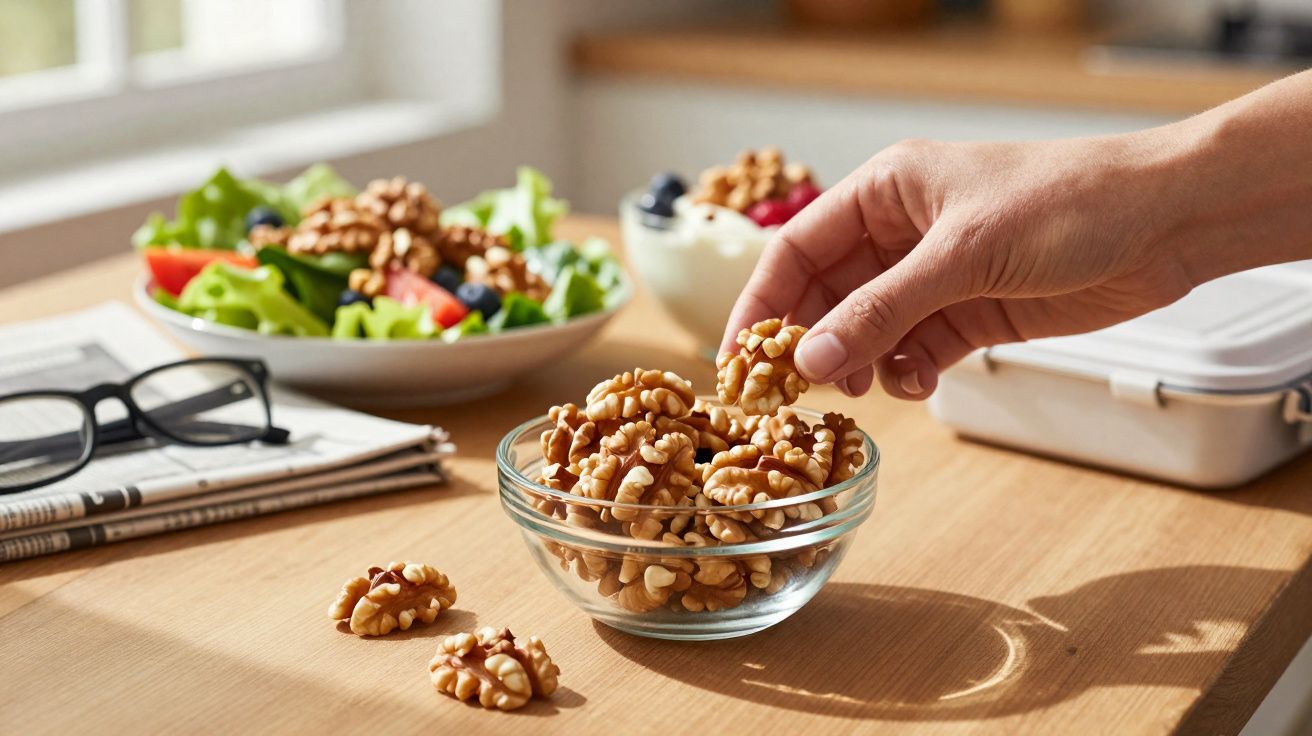 Mão pegando noz em tigela de vidro sobre mesa com salada e outros alimentos ao fundo.