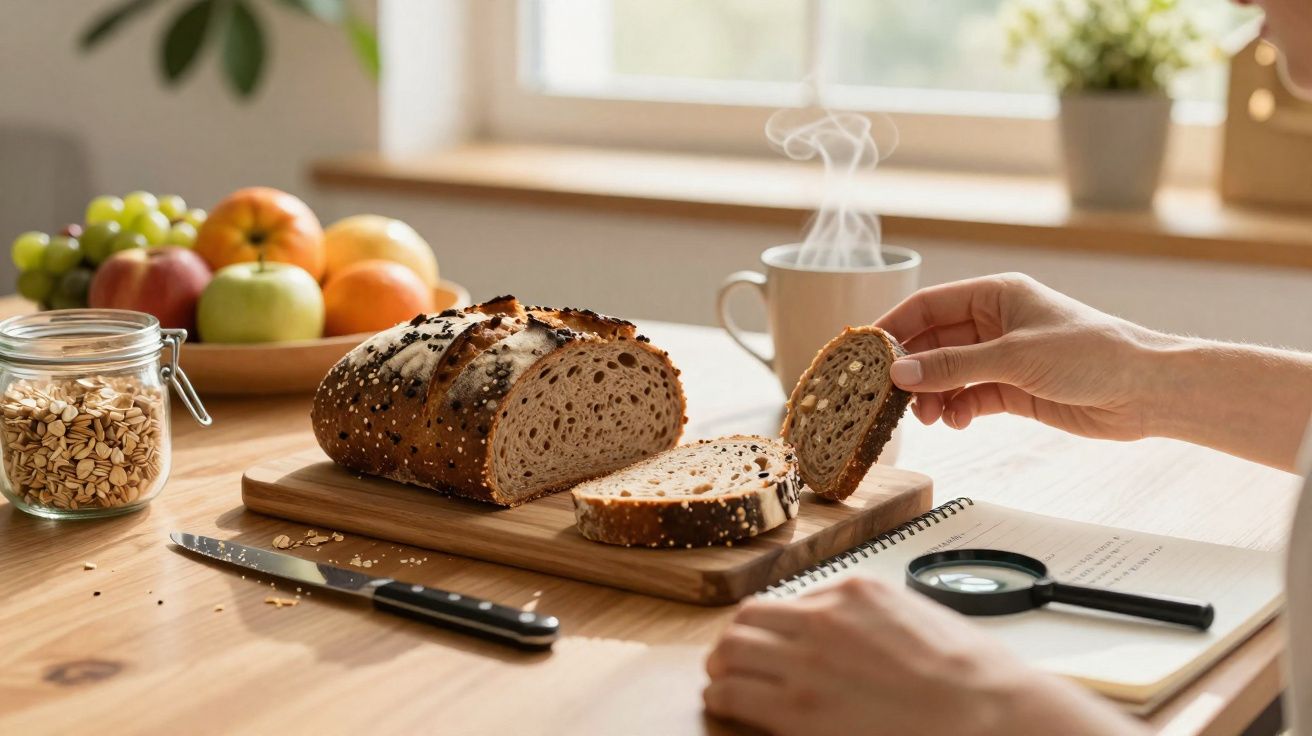Pão integral fatiado sobre tábua, mão segurando fatia, jarra de aveia, frutas e xícara com vapor ao fundo.