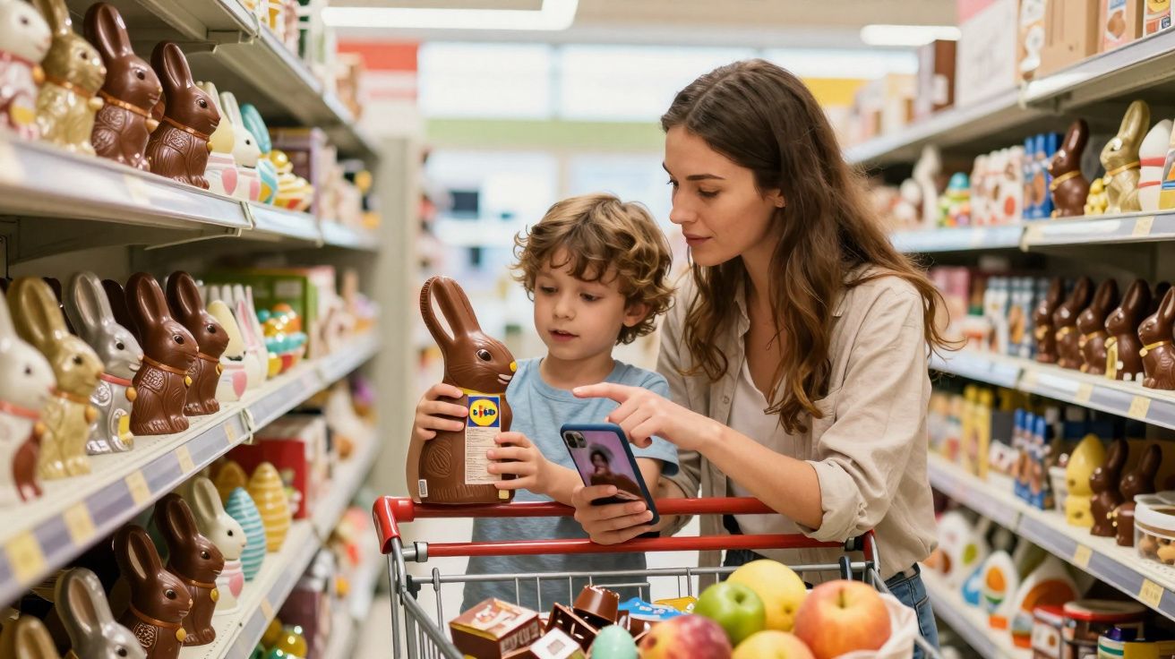 Mãe e filho escolhem coelho de chocolate em corredor de supermercado decorado para Páscoa.