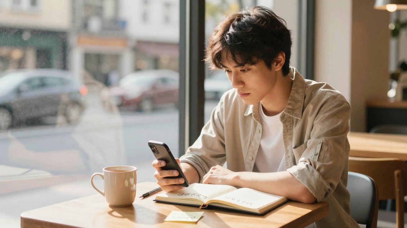 Jovem sentado à mesa, usando celular com livro aberto e caneca ao lado em cafeteria iluminada pela janela.