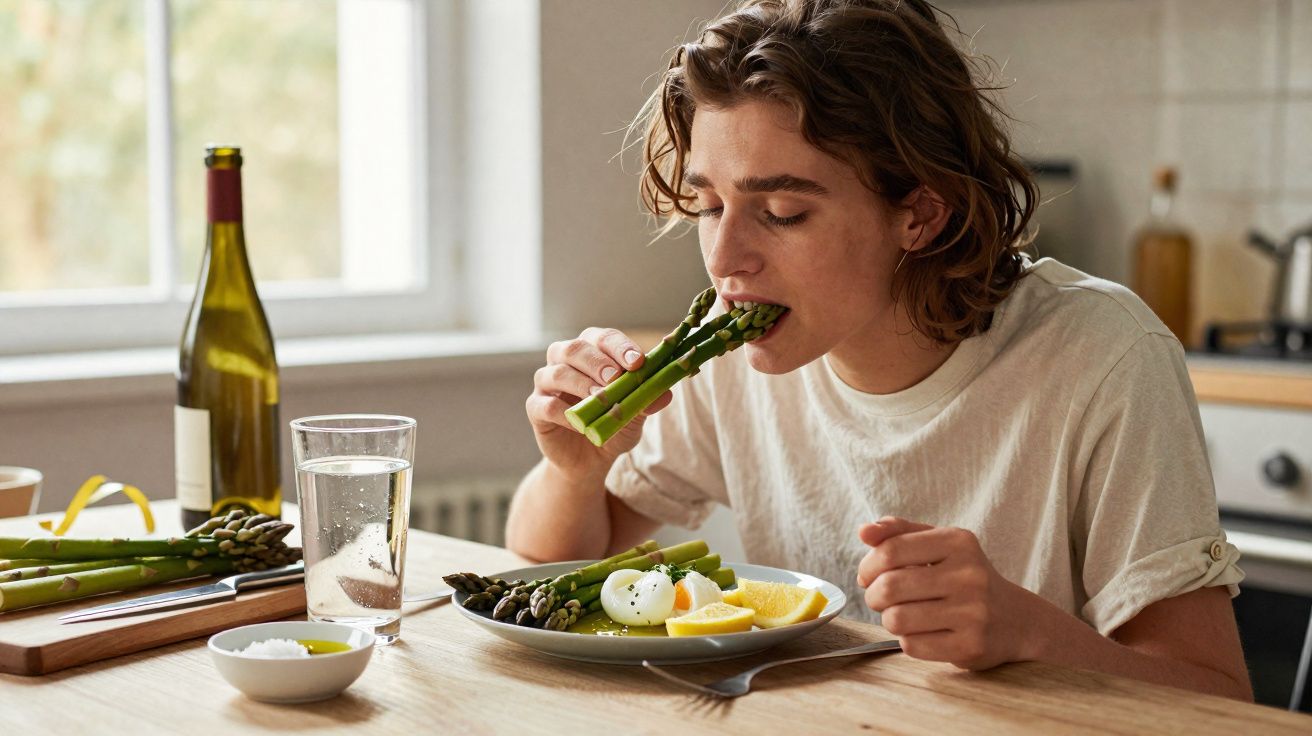 Pessoa com camiseta branca comendo aspargos verdes em uma cozinha iluminada.