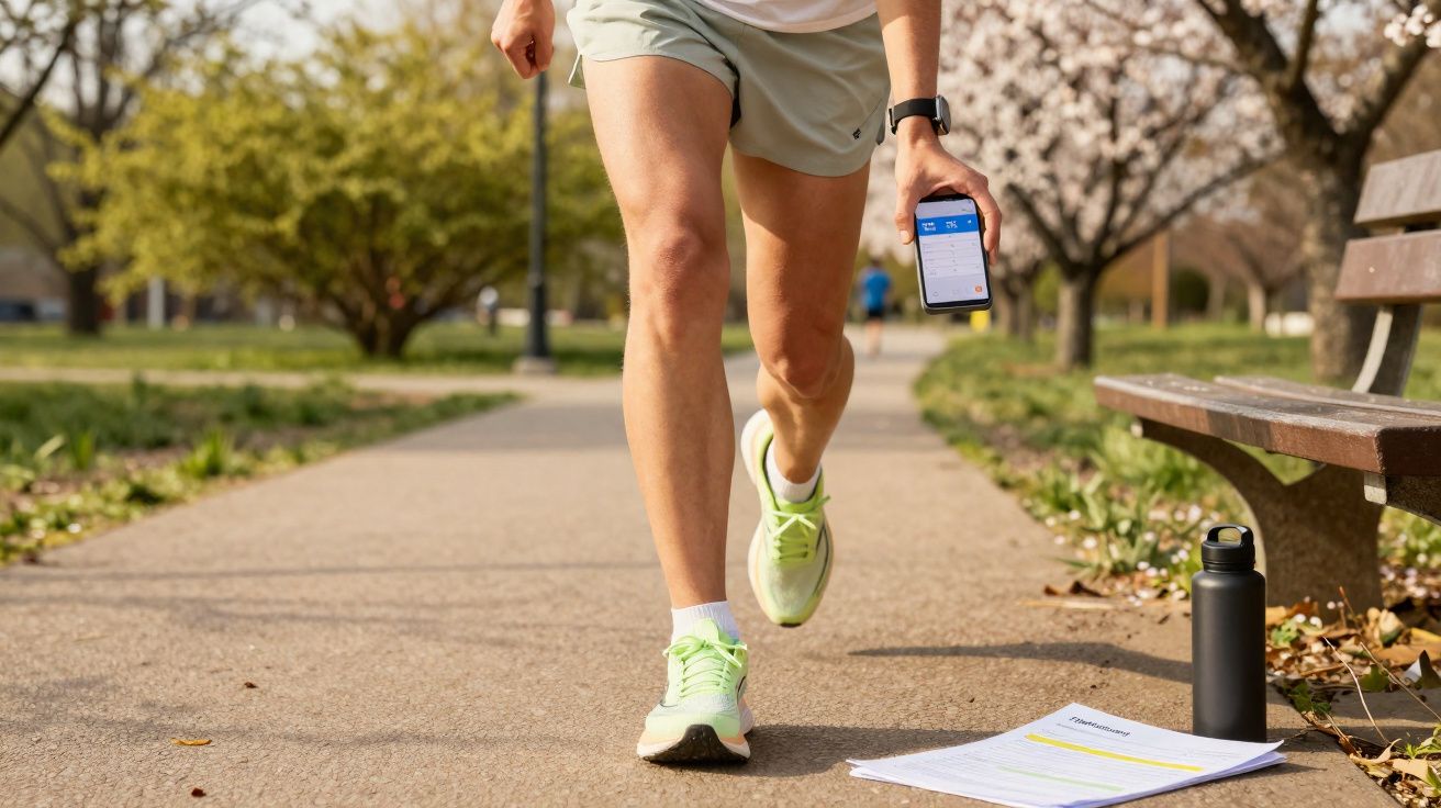 Pessoa correndo em parque segurando celular com aplicativo aberto, ao lado garrafa e papéis no chão.