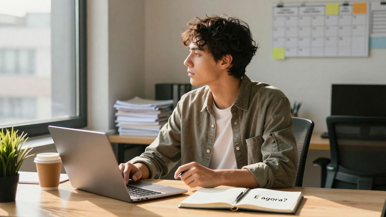 Jovem sentado em escritório olhando pela janela com laptop aberto e caderno escrito "E agora?" sobre a mesa.