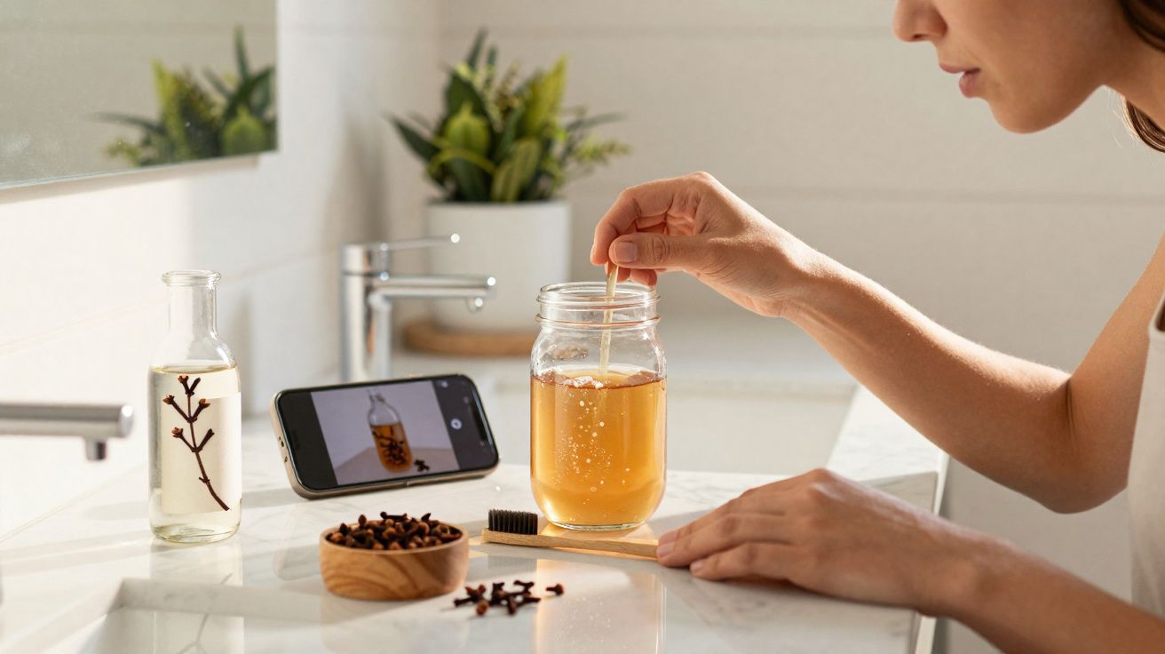 Pessoa mexendo líquido dourado em pote com palito sobre bancada, smartphone e dentes de alho ao redor.