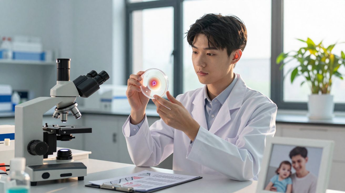 Cientista em jaleco analisa placa de Petri em laboratório com microscópio e foto de família ao fundo.