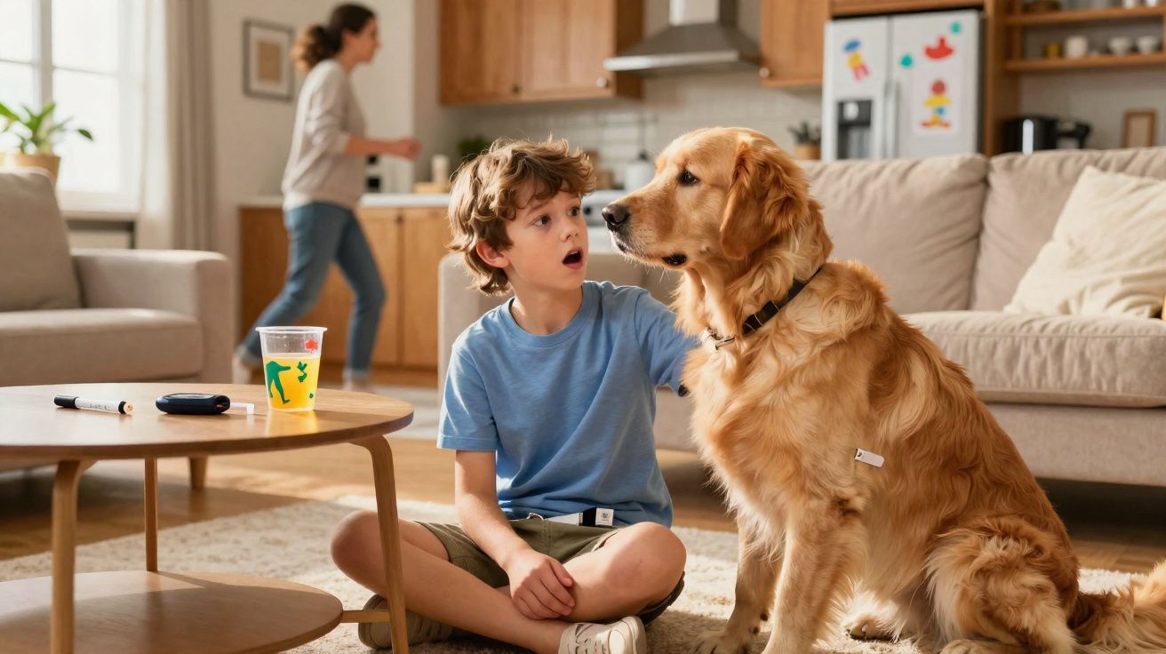 Menino sentado no tapete acariciando cachorro dourado, mulher ao fundo na cozinha.