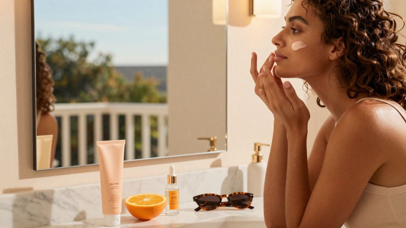 Mulher aplicando creme facial em frente ao espelho, com produtos de skincare e meia laranja à sua frente.