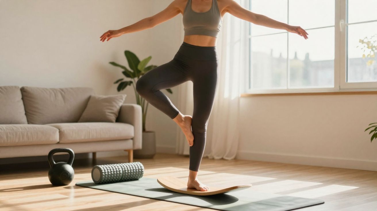 Pessoa equilibrando em prancha de equilíbrio em sala clara, com tapete, kettlebell e rolo de espuma no chão.