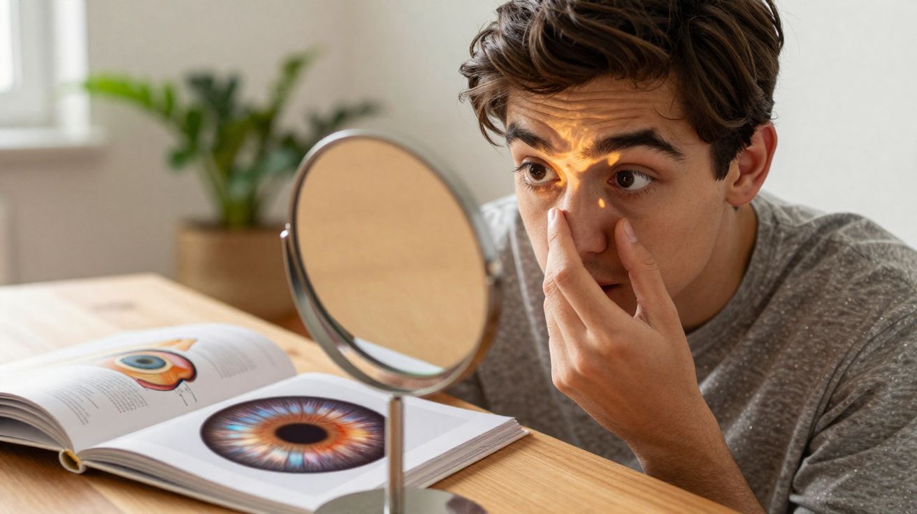Jovem observando seu olho no espelho com livro aberto sobre anatomia ocular na mesa.
