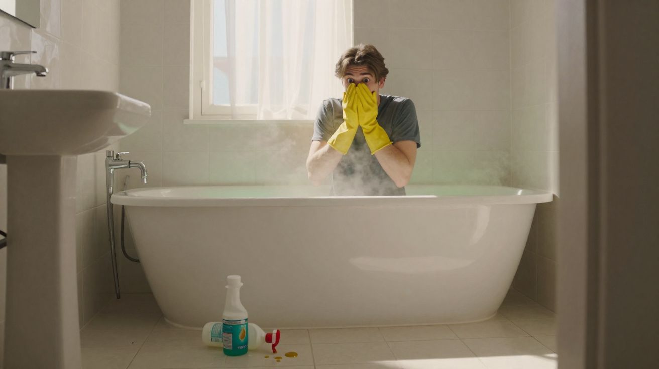 Homem com luvas amarelas cobre o rosto em banheira com vapor, ao lado produtos de limpeza no chão.