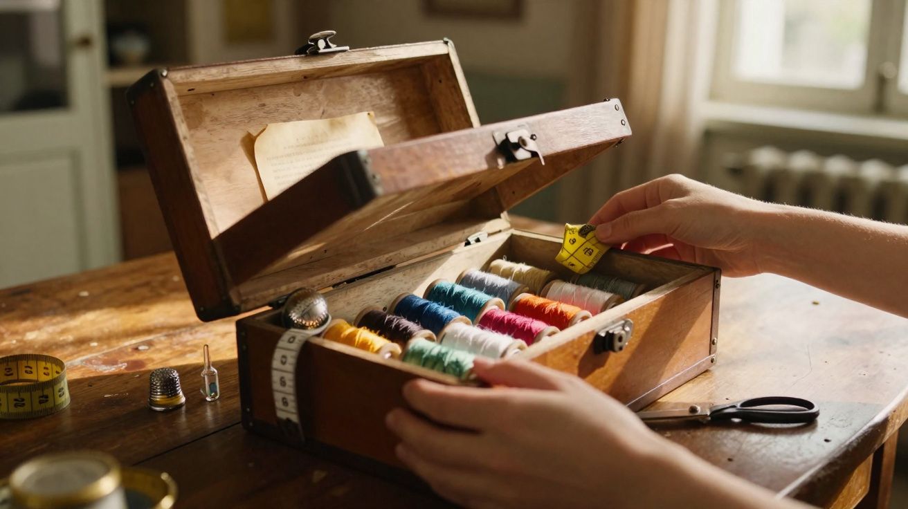 Caixa de costura de madeira com linhas coloridas, tesoura, dedal e fita métrica sobre mesa.