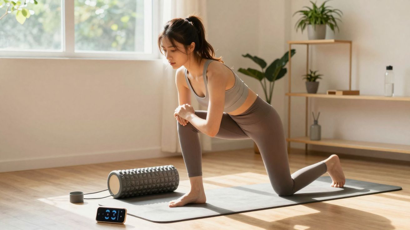 Mulher fazendo alongamento em tapete de yoga ao lado de rolo de espuma e celular com timer na tela.