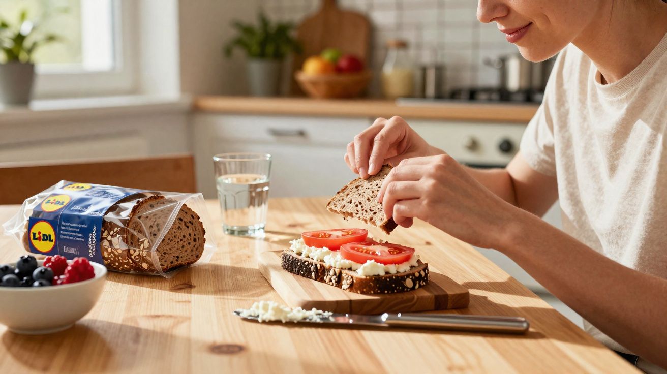 Pessoa preparando sanduíche com tomate e queijo em pão integral na cozinha iluminada.