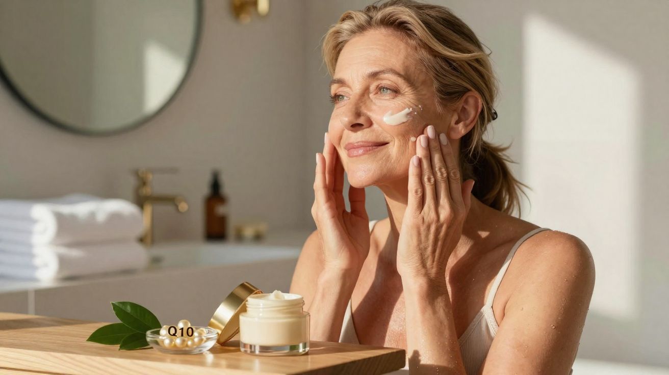 Mulher madura aplica creme no rosto sentado em bancada de madeira com luz natural suave.