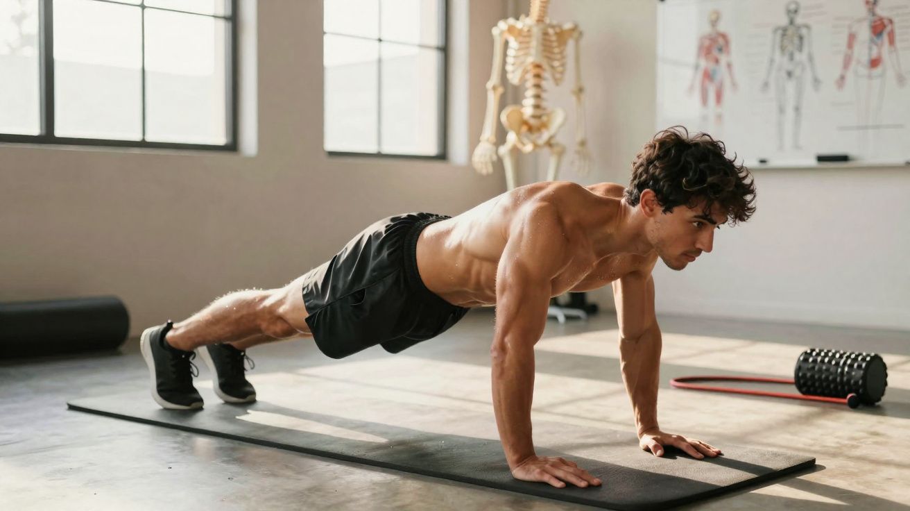 Homem realizando flexão de braços em tapete preto em ambiente de academia com iluminação natural.