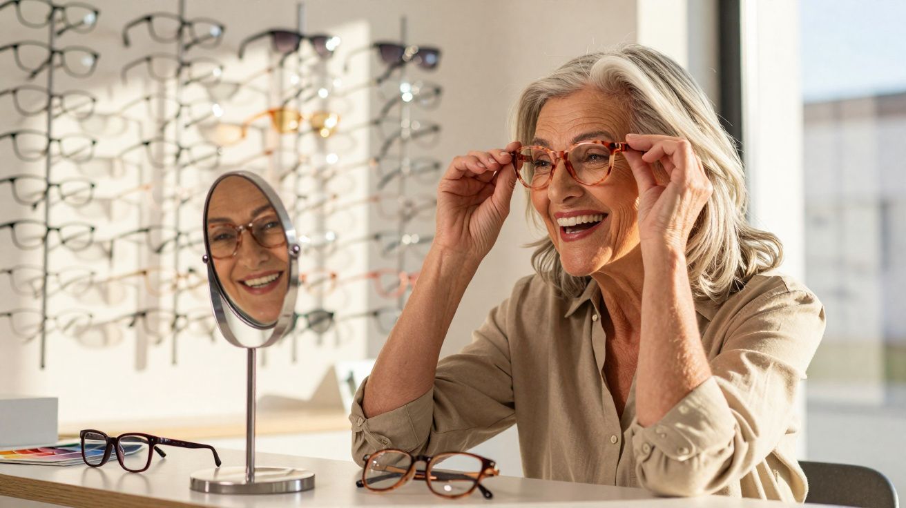 Mulher idosa sorrindo ao experimentar óculos em loja, vendo seu reflexo no espelho.