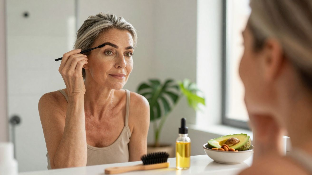 Mulher madura aplicando maquiagem nas sobrancelhas na frente do espelho em ambiente iluminado.