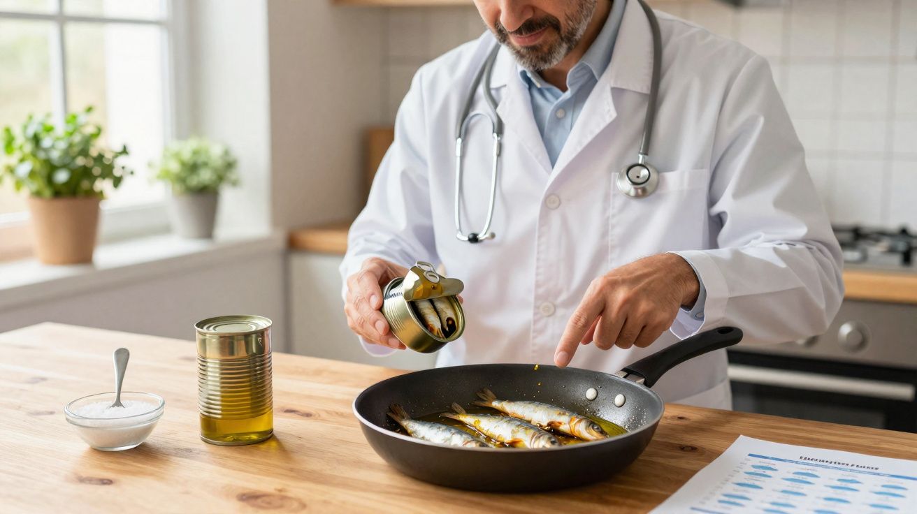 Homem de jaleco e estetoscópio prepara peixe em lata em frigideira na cozinha.