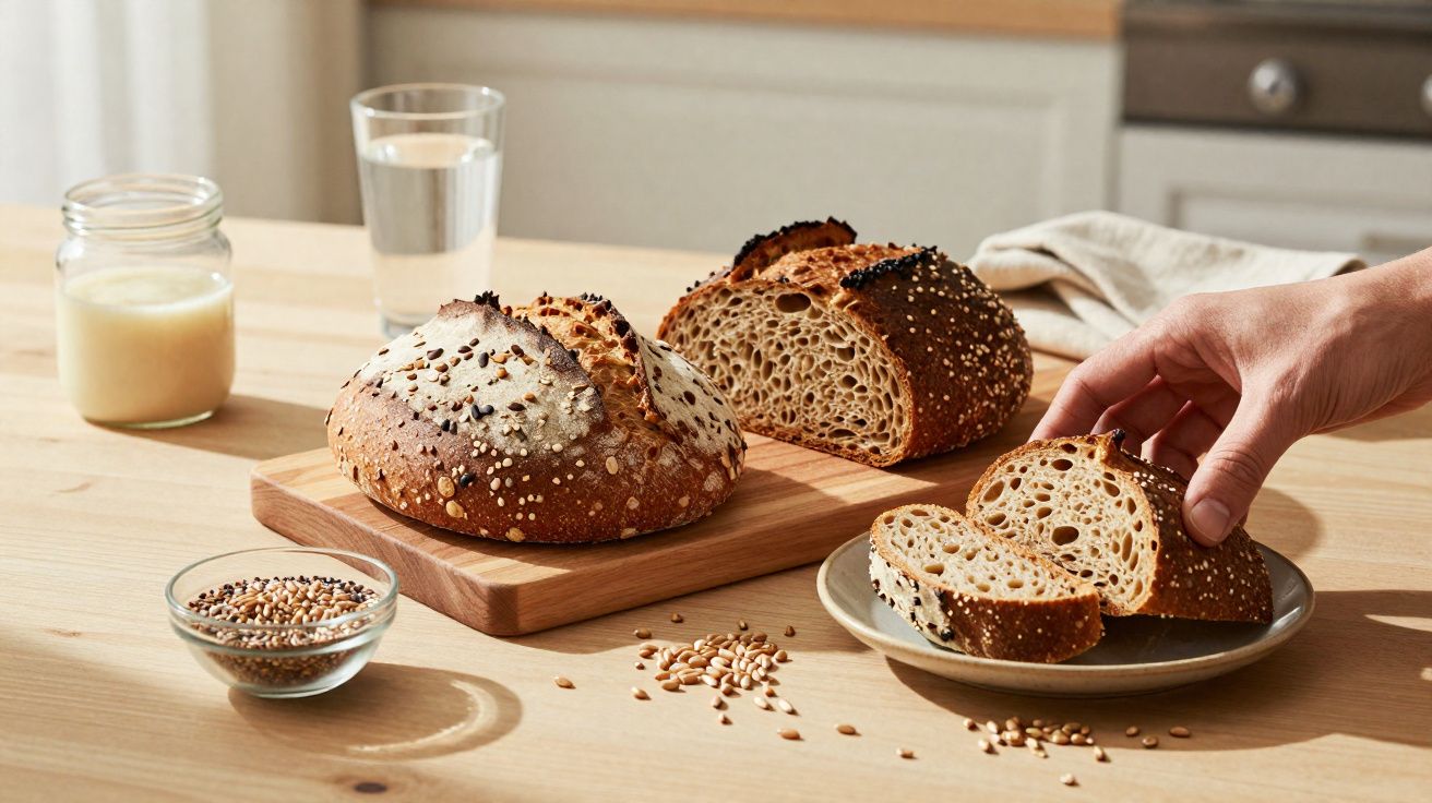 Pão integral com sementes fatiado em prato, em tábua de madeira, com mão pegando uma fatia.