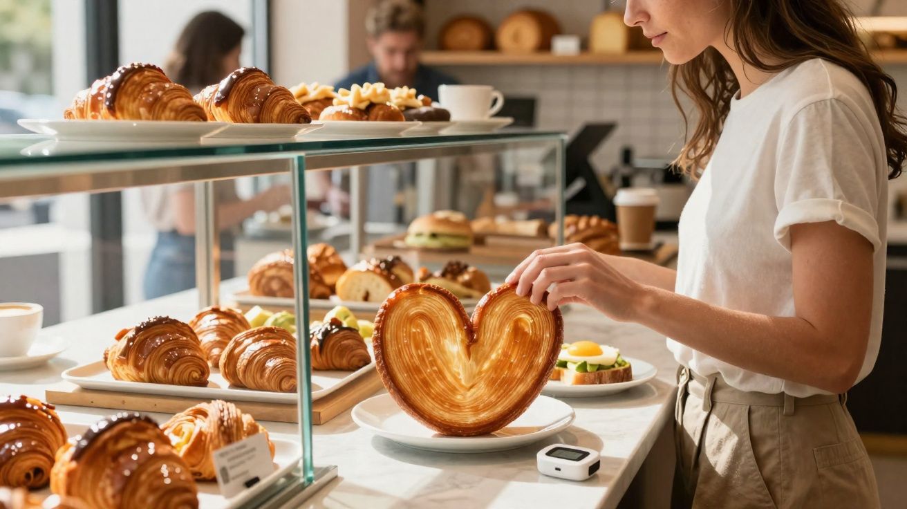 Mulher pega pão doce em formato de coração em vitrine de padaria com vários croissants e doces.