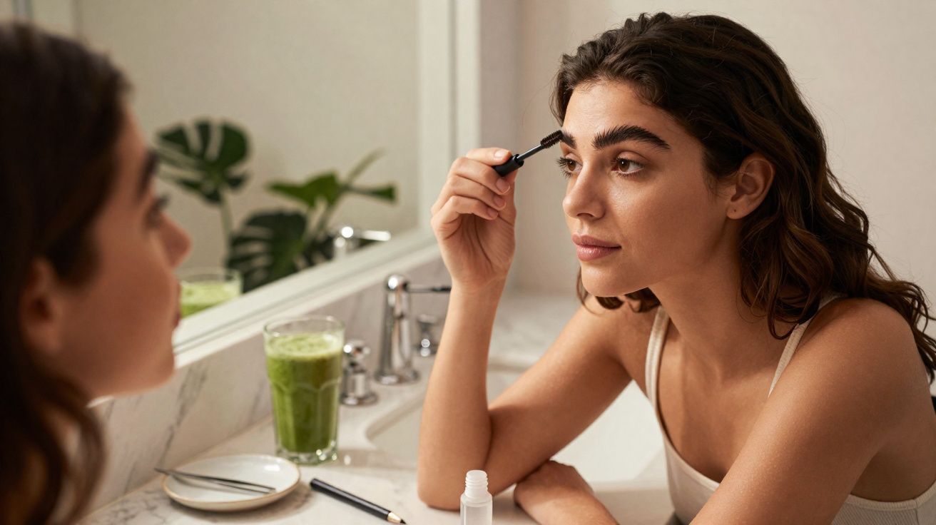 Mulher aplicando maquiagem nas sobrancelhas em frente ao espelho no banheiro.