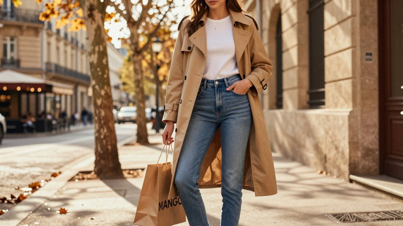 Mulher caminhando na rua com trench coat bege, camiseta branca, jeans e sacola de compras marrom.