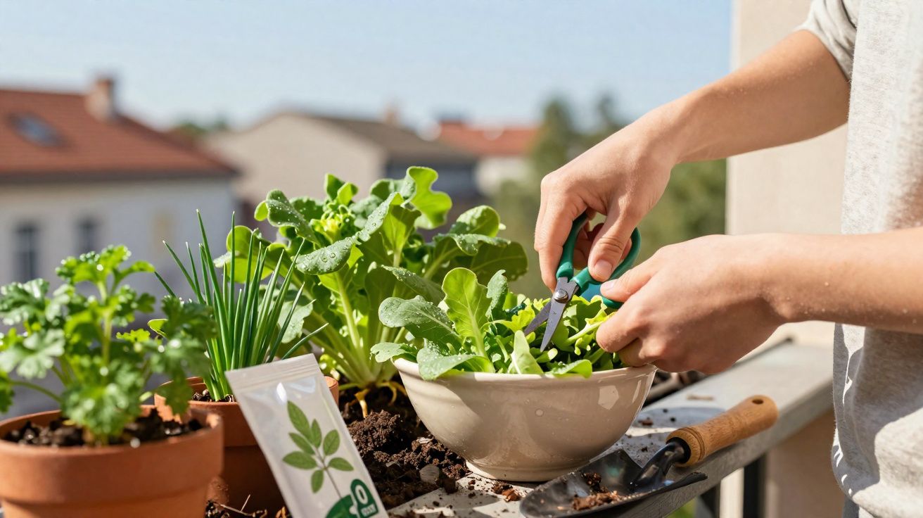 Pessoa cortando folhas verdes em tigela, ao lado de vasos com ervas em varanda ensolarada.