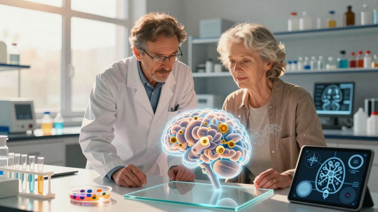 Cientista e mulher idosa analisam holograma de cérebro em laboratório com equipamentos médicos ao fundo.