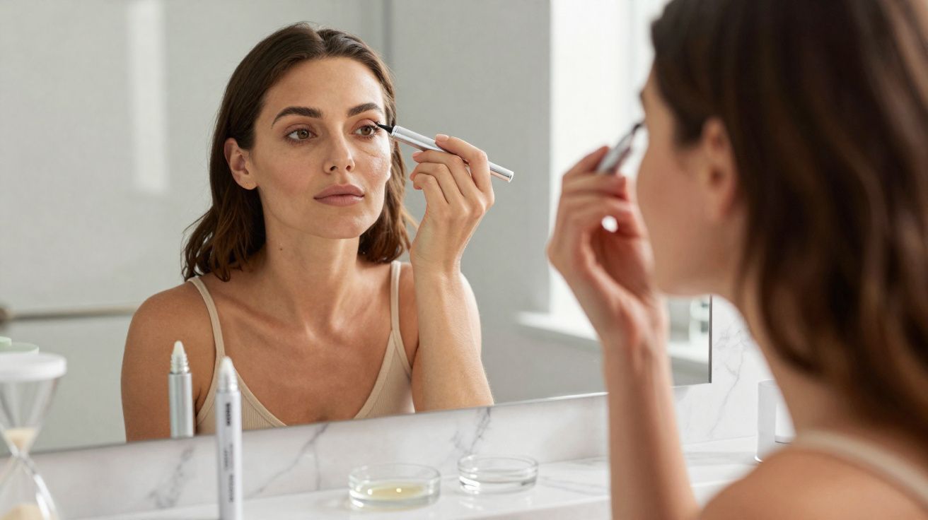 Mulher aplicando maquiagem nos olhos em frente ao espelho no banheiro com frascos na bancada.