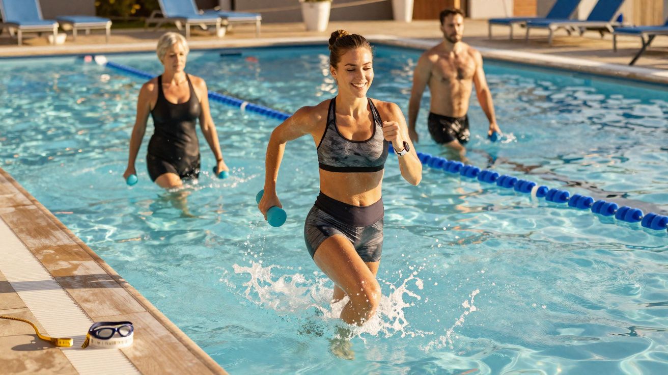 Mulher corrida na piscina segurando pesos, acompanhada por duas pessoas em aula de hidroginástica.