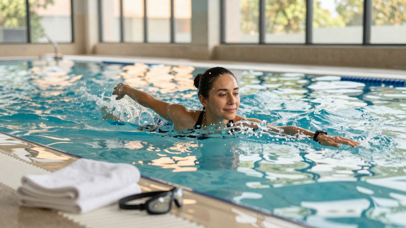 Mulher nadando em piscina coberta com toalhas e óculos de natação na borda.